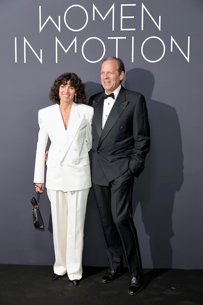 Francesca Bellettini photographed in a white tailored suit at a public appearance